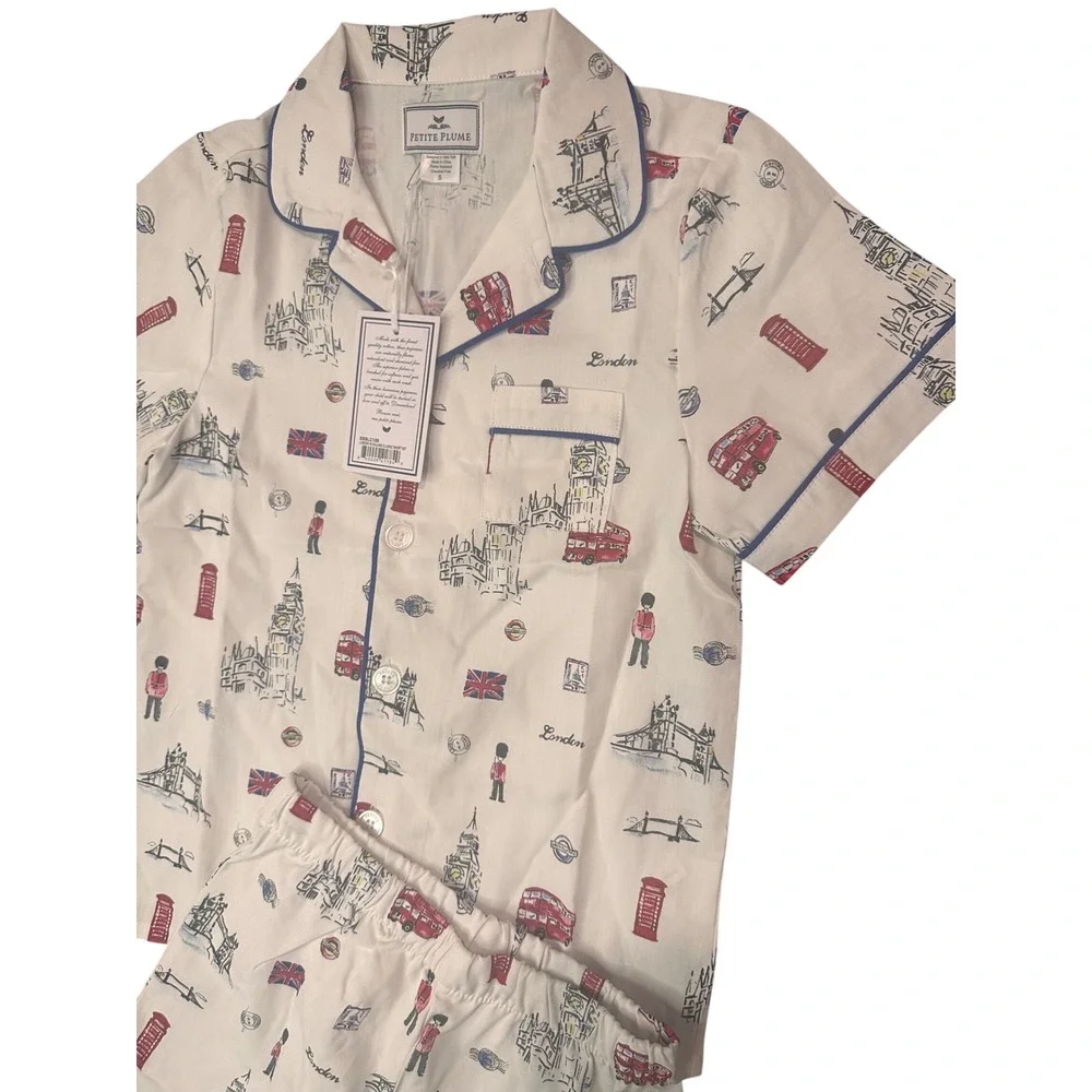 Petite Plume London Is Calling Classic Short Set Pajamas White Blue Red Size 5